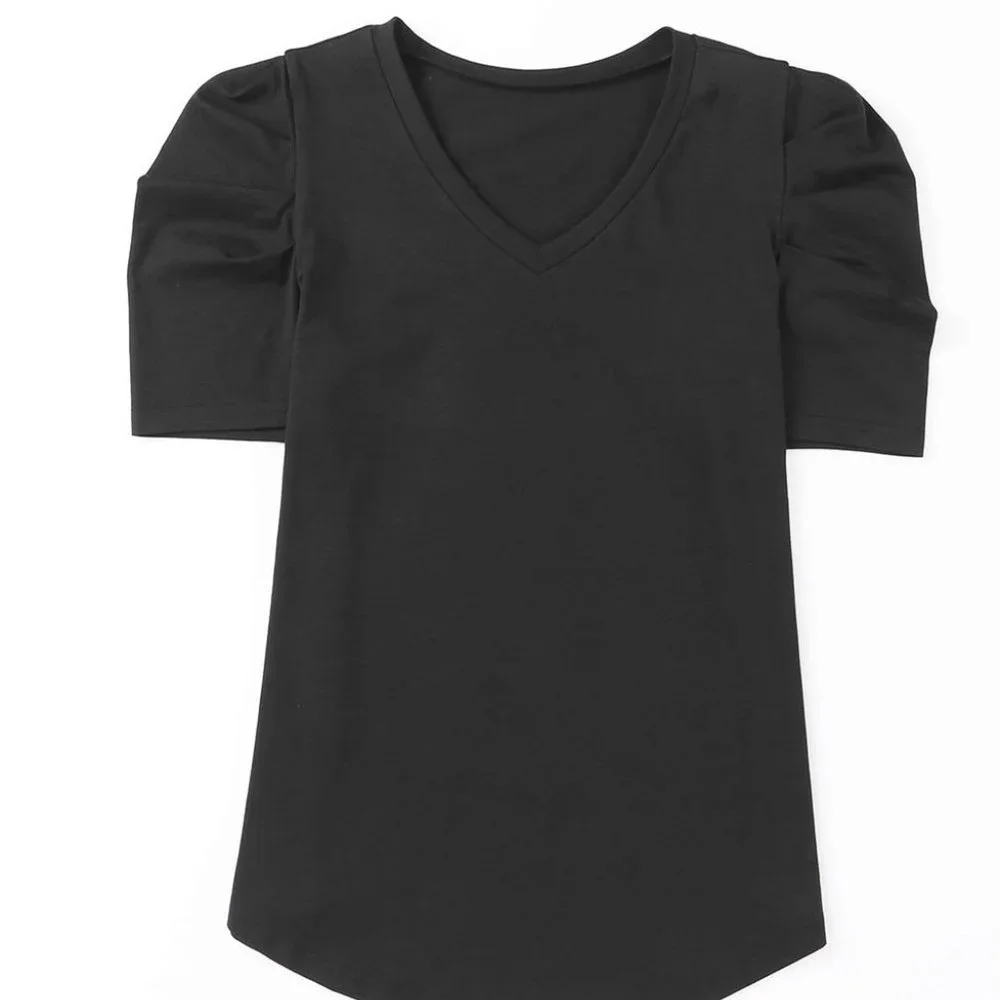Black Puff Sleeve Casual V Neck T-Shirt - Picture 6 of 11